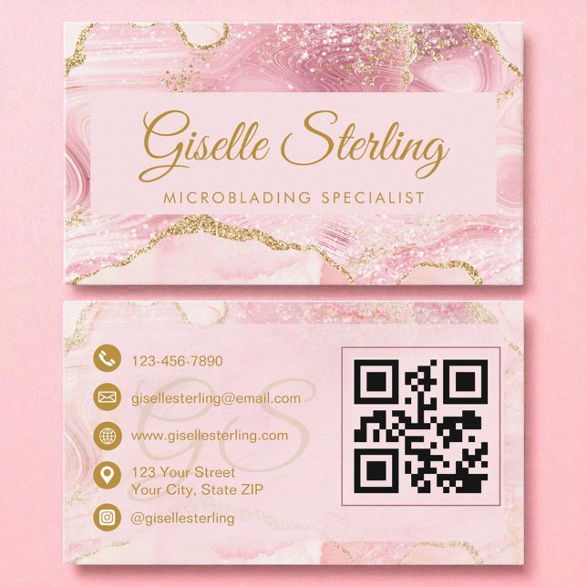 Cartão De Visita Código QR de Agregado Dourado Rosa para Microblush (Criador carregado)