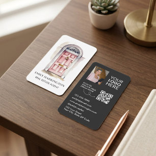 Cartão De Visita Código QR de Aquarela da Porta Rosa para Agente Im