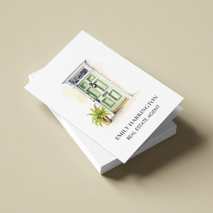Cartão De Visita Código QR de Aquarela Porta Verde Agente Imobiliár