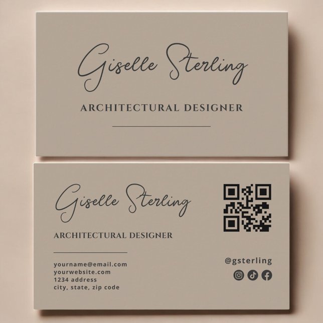 Cartão De Visita Código QR de Arquitetura Designer Neutro Bege Scri (Criador carregado)