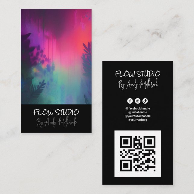 Cartão De Visita Código QR de Arte Fluida Vibrante Editável (Frente/Verso)