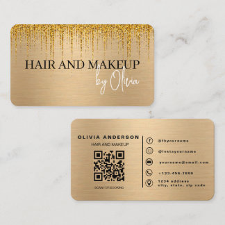 Cartão De Visita Código QR de Artista de Cabelo e Maquiagem em Ouro
