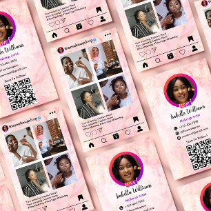 Cartão De Visita Código QR de Artista de Maquiagem Mármore Rosa do