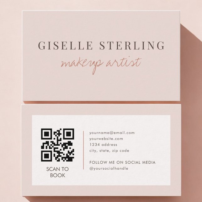 Cartão De Visita Código QR de Artista de Maquiagem Rosa Bege  (Criador carregado)
