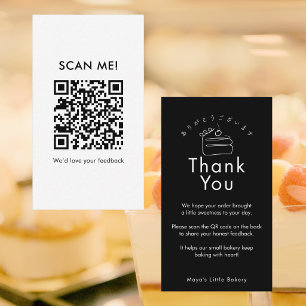 Cartão De Visita Código QR de Avaliação de Bolo Preto Minimalista