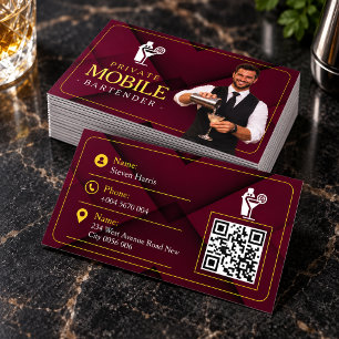 Cartão De Visita Código QR de Barman Móvel Burgundy Elegante