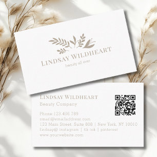 Cartão De Visita Código QR de Beleza Botânica Floral Branca Minimal