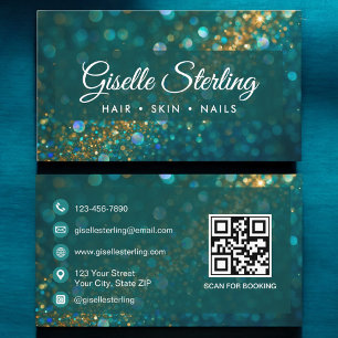 Cartão De Visita Código QR de Beleza Salon Dourado Glitter Teal
