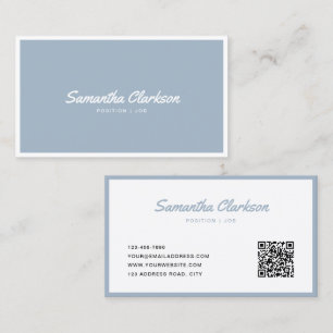 Cartão De Visita Código QR de borda Cursiva de Script Azul Simples 