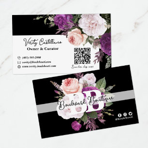 Cartão De Visita Código QR de Boutique Floral Chic Floral de Preto 