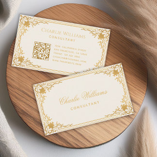 Cartão De Visita Código QR de Caligrafia Elegante em Marfim e Doura