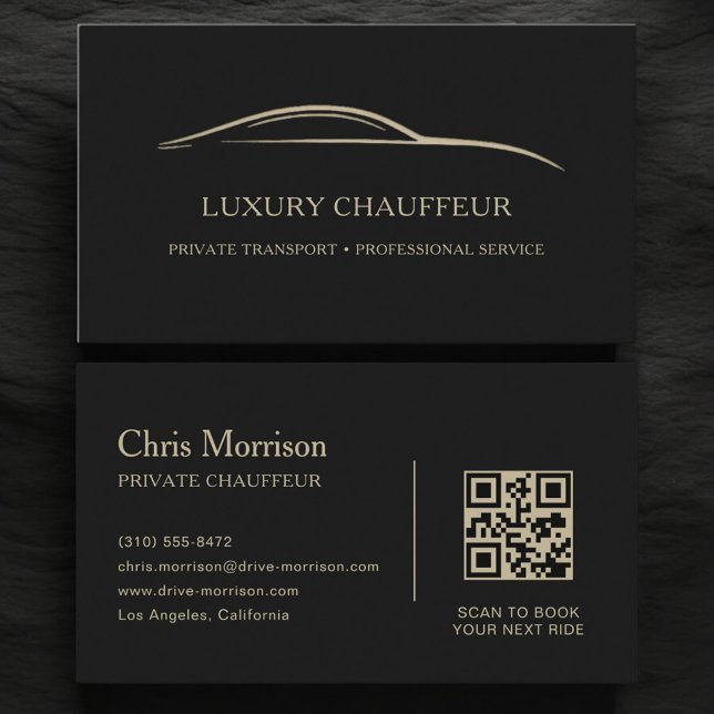 Cartão De Visita Código QR de Chofer de Luxo Preto e Dourado (Criador carregado)