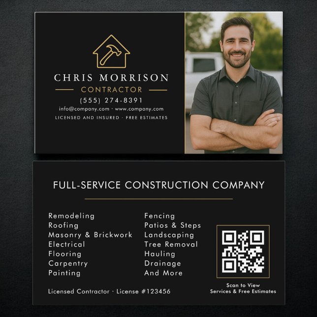 Cartão De Visita Código QR de Construção de Edifícios Foto Preto Do (Criador carregado)