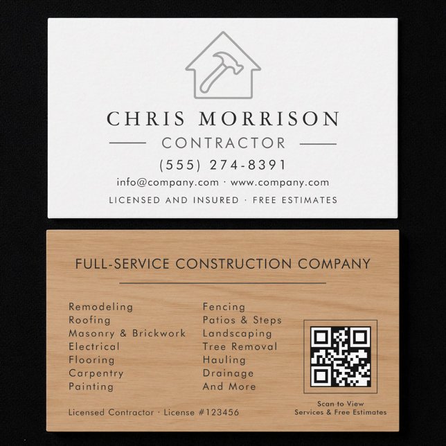 Cartão De Visita Código QR de Construtor Prata e Branco Profissiona (Criador carregado)