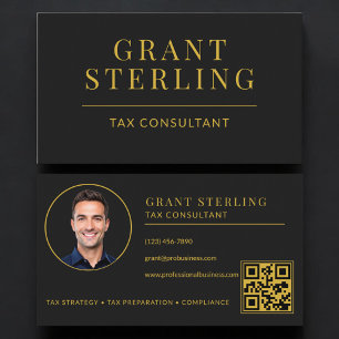 Cartão De Visita Código QR de Consultor Fiscal Preto Dourado