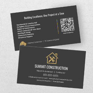 Cartão De Visita Código QR de Contratante Geral Moderno Black Gold