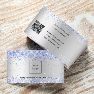 Cartão De Visita Código QR de cor azul-claro de metal prata