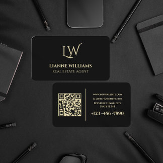 Cartão De Visita Código QR de Corretor de Imóveis Monograma Preto E