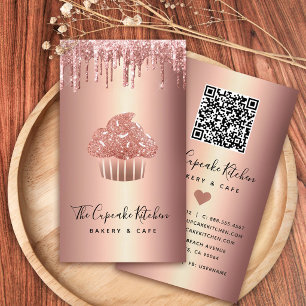 Cartão De Visita Código QR de Cupcake em Rose Gold com Gotejamento