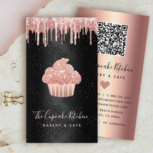 Cartão De Visita Código QR de Cupcake Rosa com Gotejamento de Brilh