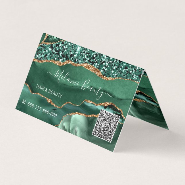 Cartão De Visita Código QR de Design moderno Glitter Verde Dourado (Frente)