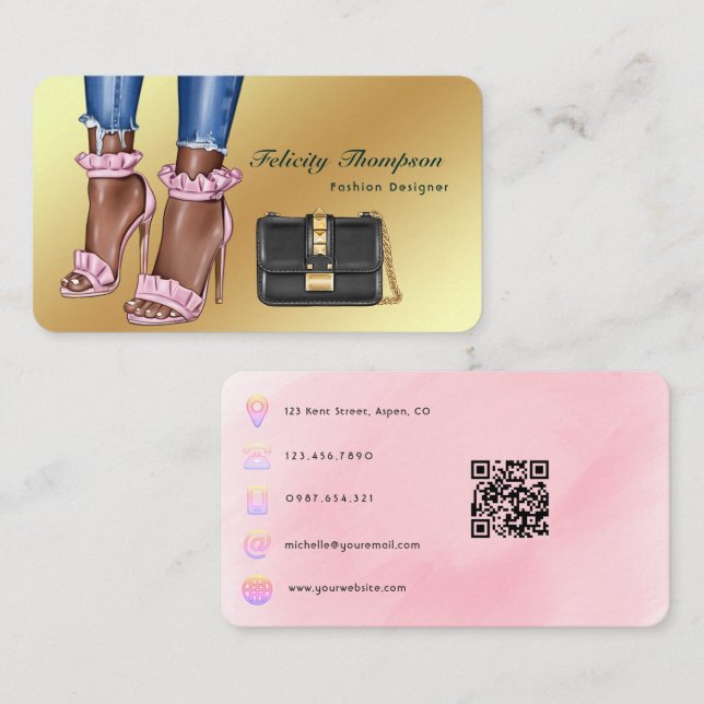 Cartão De Visita Código QR de designer de moda rosa e dourado (Frente/Verso)