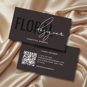 Cartão De Visita Código QR de designer floral moderno marrom escuro
