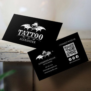 Cartão De Visita Código QR de Dragão de Artista de Tatuagem Preto M