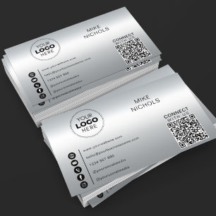 Cartão De Visita Código QR de Efeito Metálico Silver Conectado cono