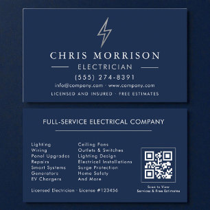 Cartão De Visita Código QR de Eletricista Azul Marinho Prata