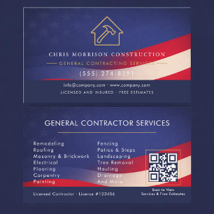 Cartão De Visita Código QR de Empreiteiro Geral Patriótico