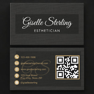 Cartão De Visita Código QR de Esteticista Luxo em Linho Preto