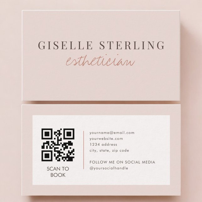 Cartão De Visita Código QR de Esteticista Rosa Bege  (Criador carregado)