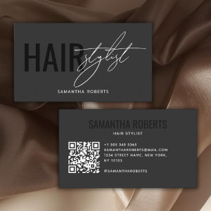 Cartão De Visita Código QR de estilista de cabelo moderno cinza pre
