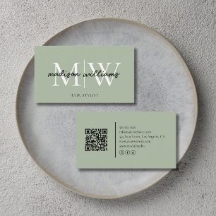 Cartão De Visita Código QR de Estilista de Cabelo Monograma Verde S