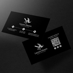 Cartão De Visita Código QR de Estilista de Cabelo Preto e Branco Si