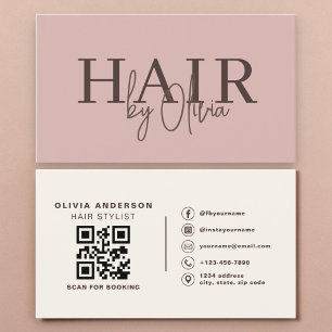 Cartão De Visita Código QR de Estilista de Cabelo Rosa Bege Empoeir
