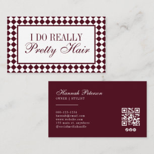 Cartão De Visita Código QR de Estilista de Cabelo Xadrez Borgonha O