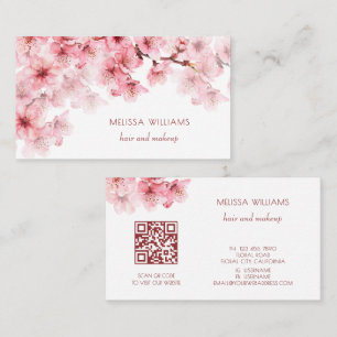 Cartão De Visita Código QR de flores de cerejeira em aquarela