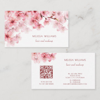 Cartão De Visita Código QR de flores de cerejeira em aquarela