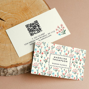 Cartão De Visita Código QR de Flores Rosa Azul Pastel Floral