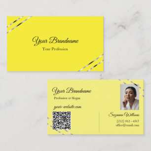 Cartão De Visita Código QR de Foto Amarelo e Creme com Linhas Prate