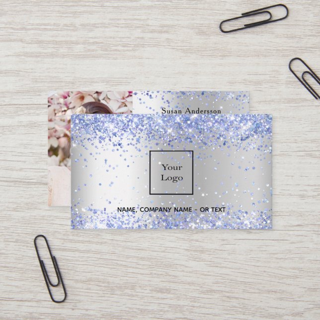 Cartão De Visita Código QR de foto azul-claro prata (Frente/Verso In Situ)