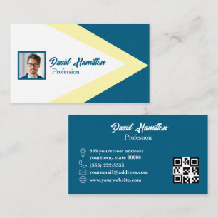 Cartão De Visita Código QR de foto Azul Cobalto Amarelo Branco Geom