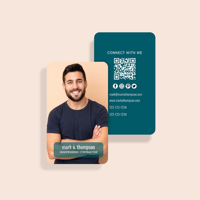 Cartão De Visita Código QR de Foto Azul Escuro Conecte-se Comigo (Dark teal photo card with QR code and minimalist connect with me design)