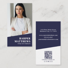 Cartão De Visita Código QR de Foto Azul-Marinho Vertical