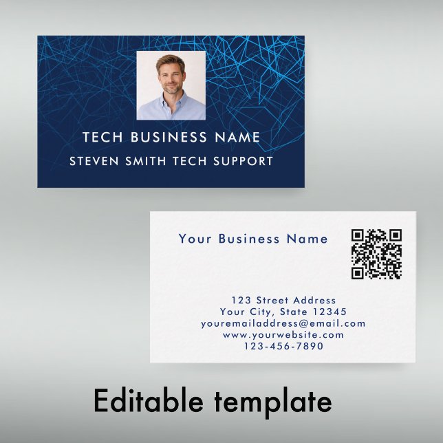 Cartão De Visita Código QR de Foto Azul Moderna Única Tecnologia Pr (Personalize this modern blue geometric business card template
)