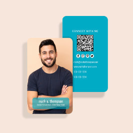Cartão De Visita Código QR de Foto Azul Moderno Conecte-se Comigo
