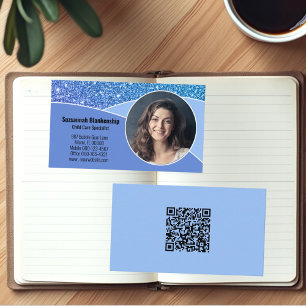 Cartão De Visita Código QR de Foto Azul Personalizado da Babá Profi