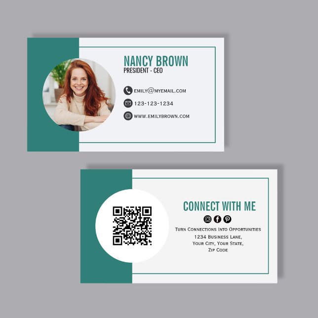 Cartão De Visita Código QR de Foto Azul Turquesa Conecte-se Comigo (Modern teal photo business card with QR code back, clean minimalist layout, and polished professiona)